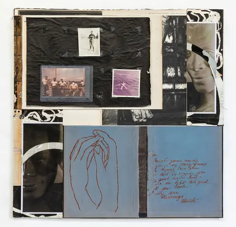 Mixed-media board of photographs, blue paper with a red thread drawing of a hand and handwritten letters.