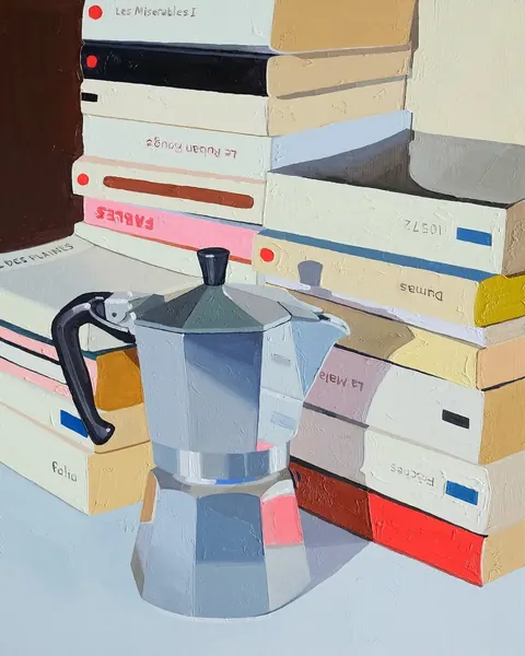 Flat-colour painting of a steel moka pot in front of stacked paperback books.