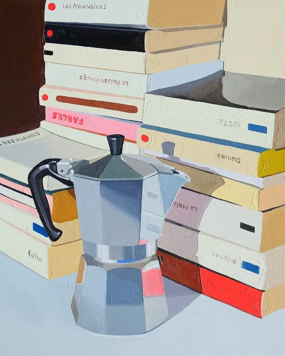 Flat-colour painting of a steel moka pot in front of stacked paperback books.