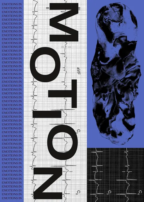 Typographic poster: "MOTION" set vertically over ECG graph paper, "EMOTIONS IN" repeated, a blue ink blot panel.