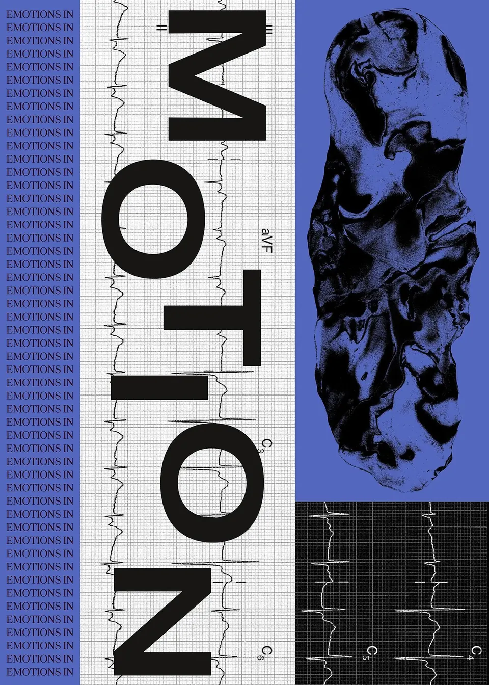 Typographic poster: "MOTION" set vertically over ECG graph paper, "EMOTIONS IN" repeated, a blue ink blot panel.
