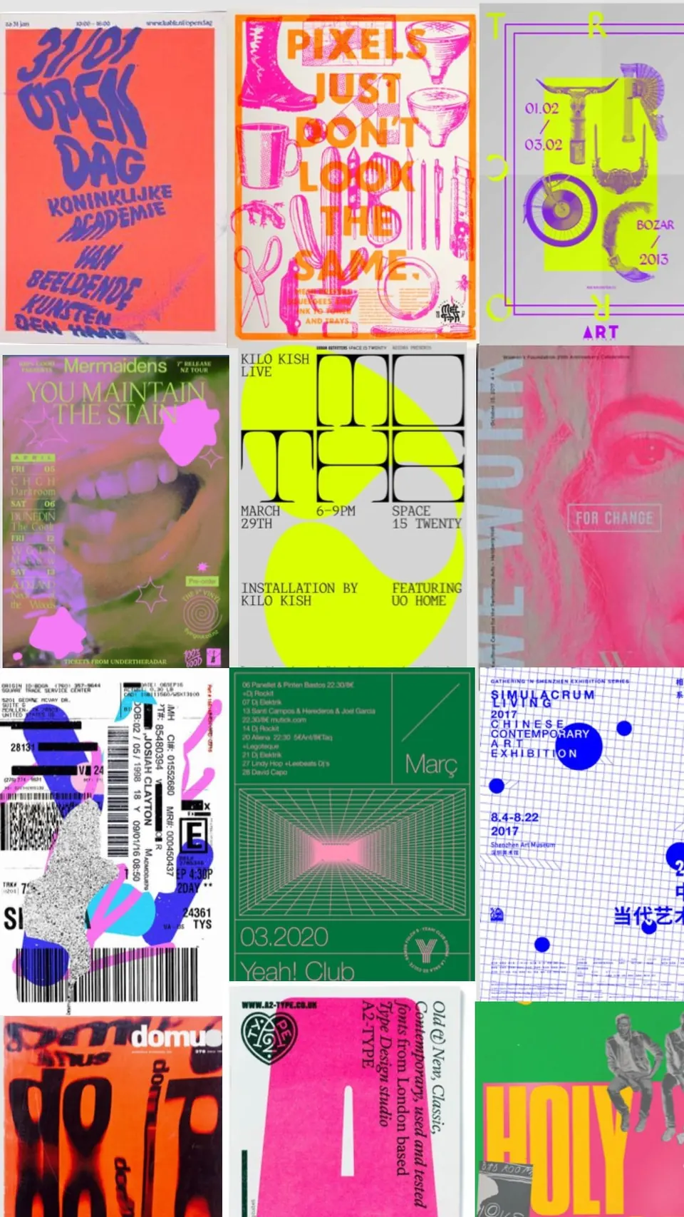 Grid of bright neon event and exhibition posters in pink, lime and orange.