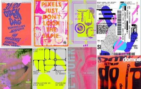 Landscape grid of eight neon event posters in pink, lime and orange.