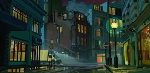 Painterly animated-film-style city street at night: lamplit shopfronts, a delivery truck and teal mist.