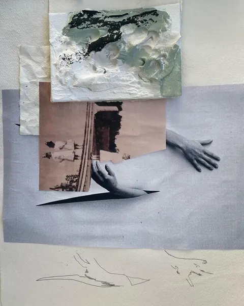 Collage: thick white impasto paint, sepia photo strips and cut-out hands on grey paper.