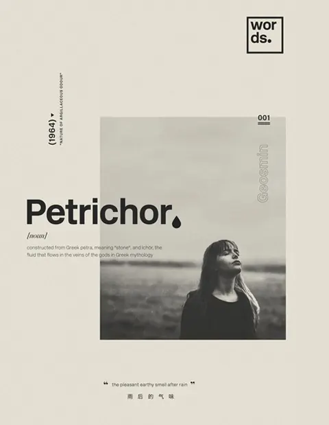 Editorial poster "Petrichor" with definition text and a black-and-white photo of a woman.