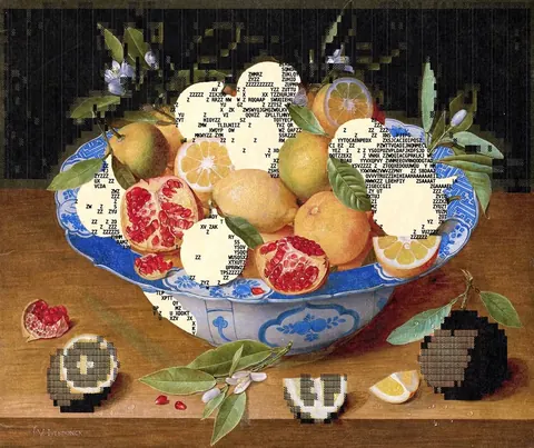 Dutch-style still life of citrus in a blue-and-white bowl, overlaid with ASCII code and pixelated fragments.