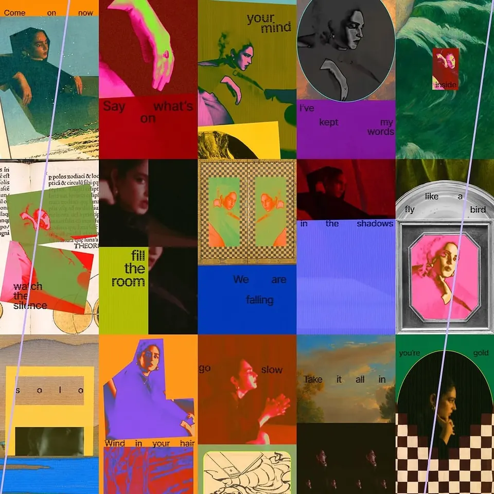 Grid of colourful panels pairing photos and short poem fragments ("fill the room", "we are falling", "take it all in").