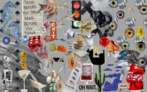 Busy pop collage of cut-out objects: eyes, dice, a soda can, cocktail, seahorses, road signs and text snippets.