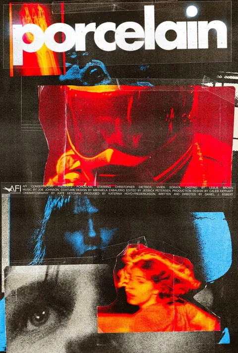Risograph-style film poster titled "porcelain": red and blue duotone faces torn and layered with a credits block.