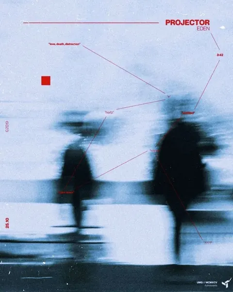 Pale blue poster "PROJECTOR — EDEN": two blurred walking figures with thin red annotation lines.