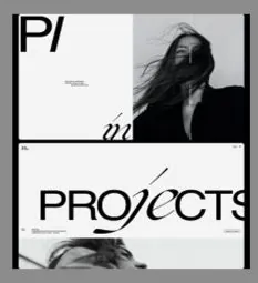 Black-and-white editorial layout reading "PROJECTS" with windblown portrait.