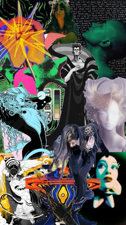 Maximalist digital collage of neon flowers, masks, sculpted faces and posing figures on black.