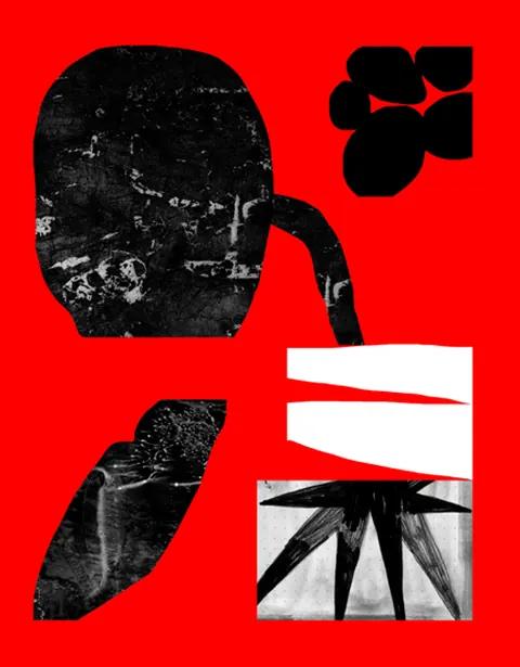 Red poster with black and white abstract cut-out shapes.