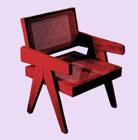 Riso-style red illustration of a mid-century cane armchair on lilac.