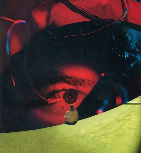 Collage: a giant red-lit eye with wires, a tiny seated figure on a lime-green curve.