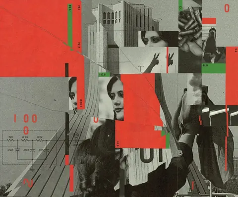 Collage of archival black-and-white photos, architecture and technical diagrams cut through with red blocks and numbers.