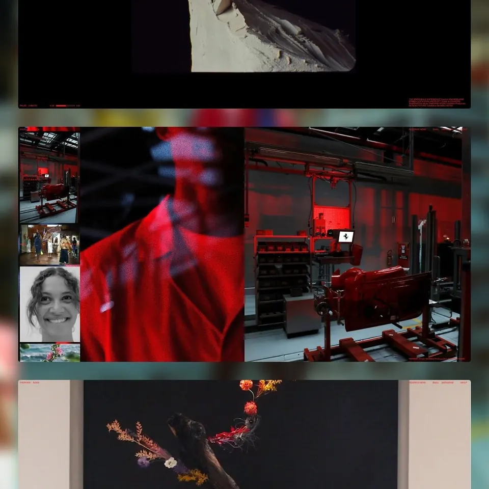 Editorial website layout mock: red-lit factory interiors, a portrait grid and dark gallery panels.