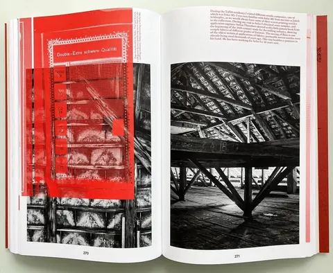 Book spread: red overprinted architectural image on the left, black-and-white timber structure photo on the right.