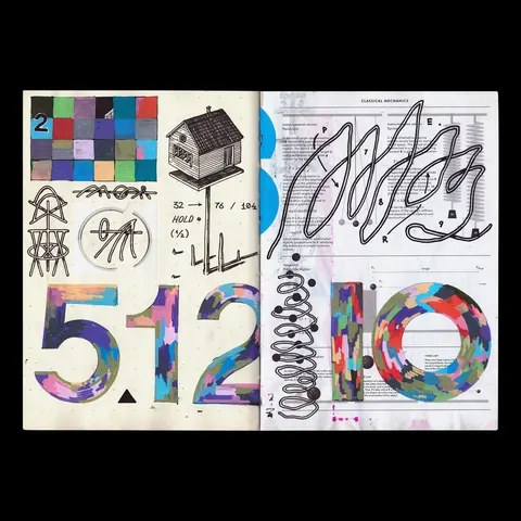 Open sketchbook/zine spread with colourful painted numerals "5 12 10", scribbles and pictograms.