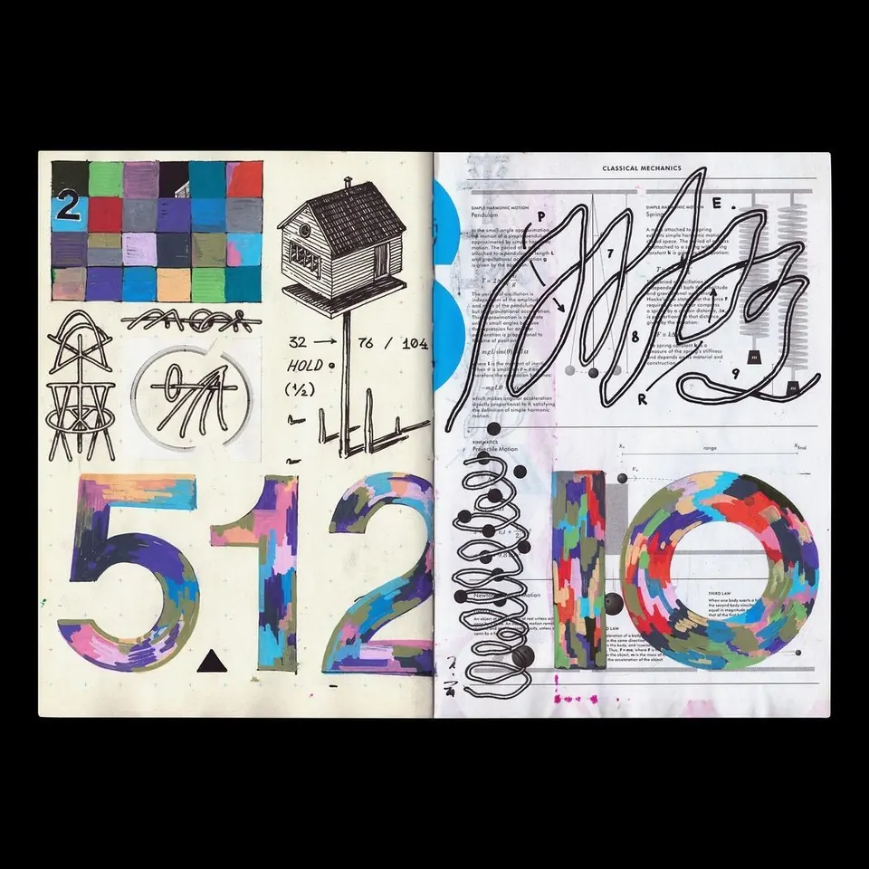 Open sketchbook/zine spread with colourful painted numerals "5 12 10", scribbles and pictograms.