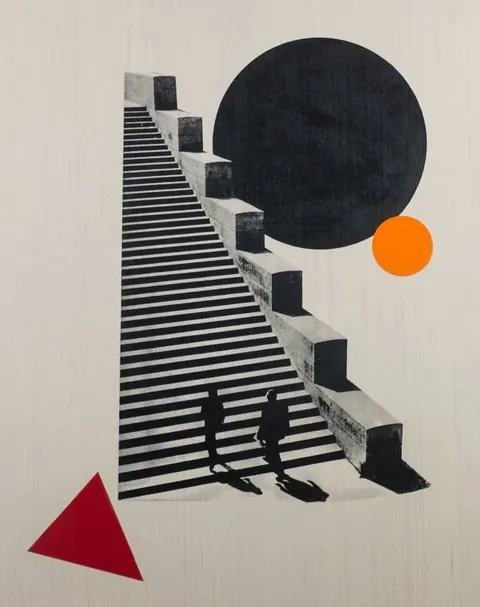 Constructivist collage: a steep striped staircase, black sun, orange dot and red triangle with two small figures climbing.