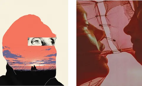 Diptych: a head silhouette filled with a sunset scene and eyes; a red close-up of faces through netting.