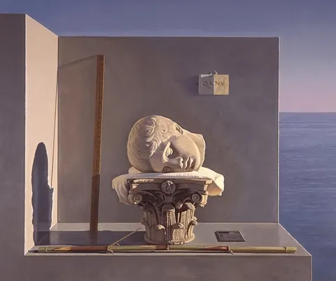 Surreal realist painting: a classical plaster head resting on a column capital inside a grey box by the sea.
