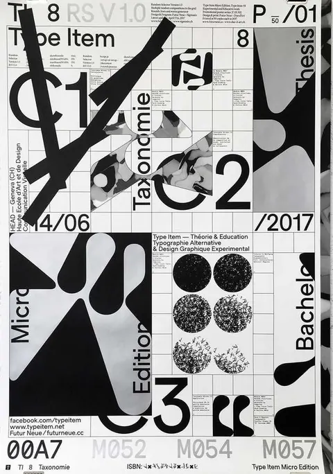 Swiss-style typographic poster "Type Item — Taxonomie" with grid, shapes and specimen letters.