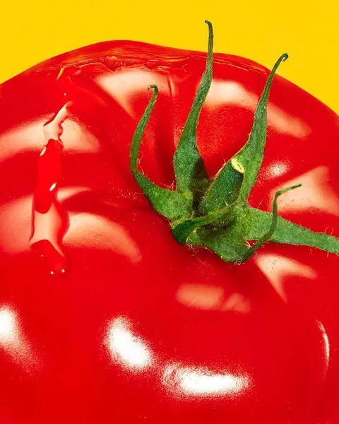Glossy macro photograph of a red tomato and its green stem against yellow.