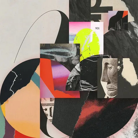 Abstract collage of torn circles, a sculpted face, neon-yellow disc and paint smears on grey.