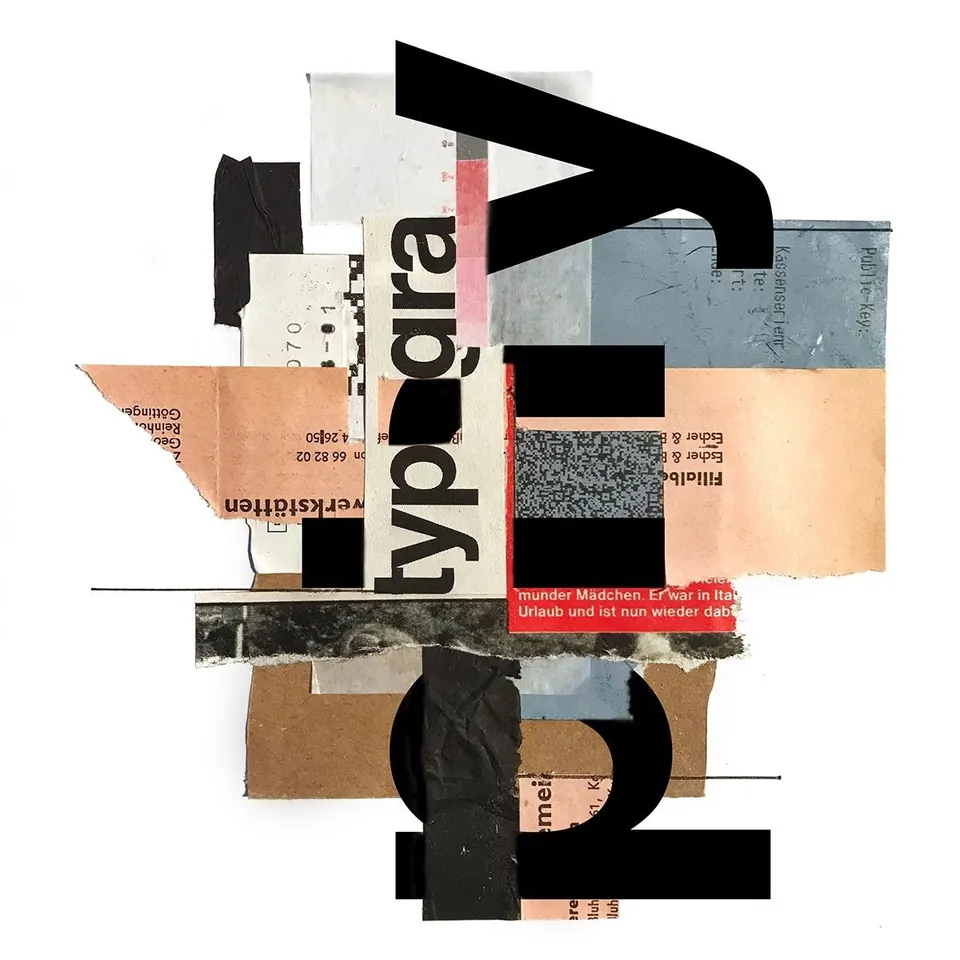 Typography collage: the word "typography" built from torn paper, tape, newspaper and heavy black letterforms.