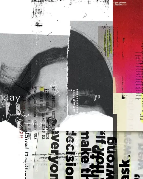 Poster collage of a torn black-and-white face with stacked bold type fragments and a pink strip.