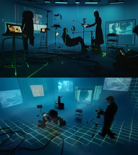 Virtual-production stage in teal light: silhouetted crew, camera, laser grid on the floor and projected screens.