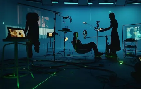 Virtual-production set in teal light: silhouetted crew, camera, laser-grid floor, projected screens.