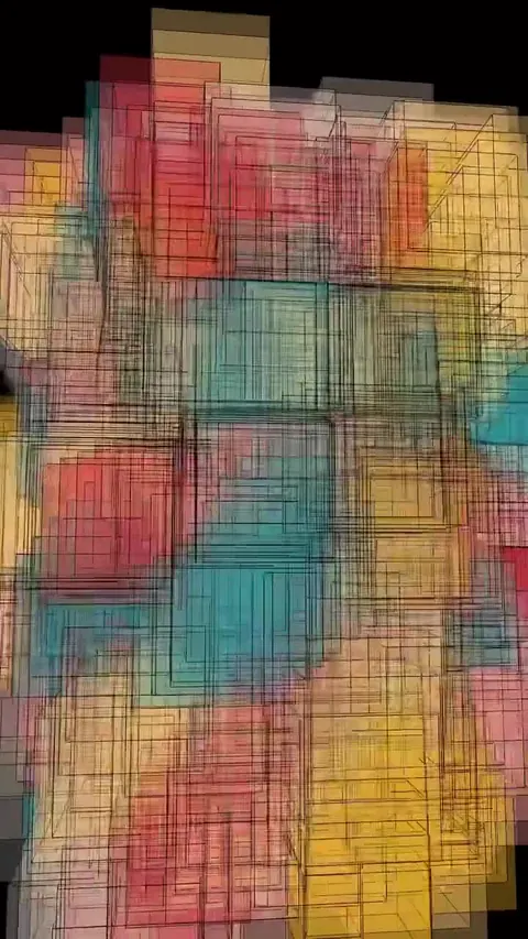 19.6 s vertical video with audio: a coloured voxel cube rotates and explodes into layered teal, coral and yellow architectural planes.