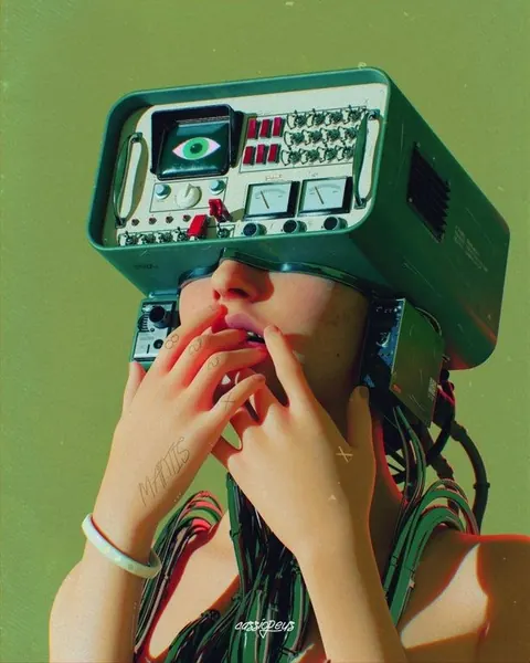 Woman wearing a bulky retro electronic machine as a headset, hands at her mouth, on green.