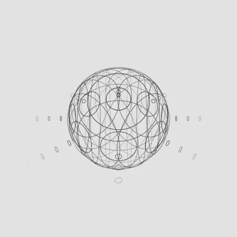 Grey wireframe sphere of circles with orbiting rings on light grey.